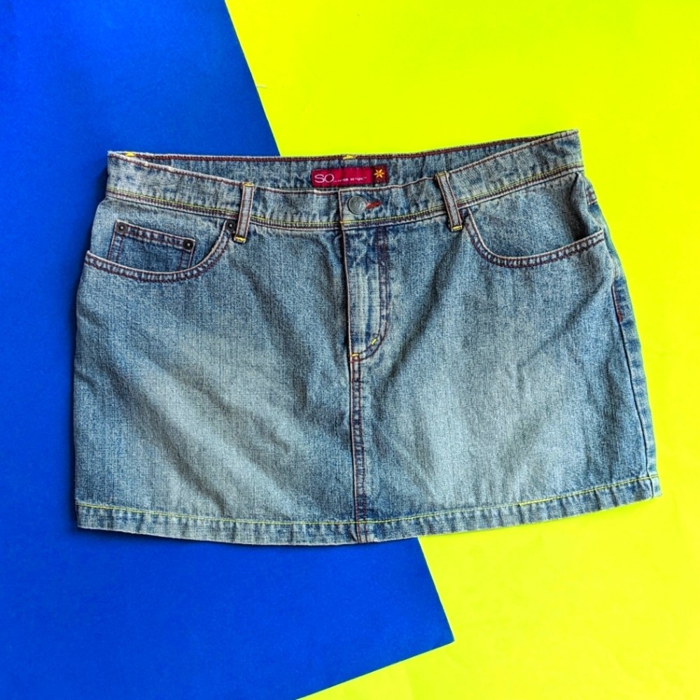 SO brand 90s/Y2K Denim Mini Skirt Neon Yellow Stitching Sz 13